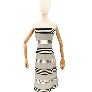 Vintage 90s Kay Unger Cream Black 100% Silk Striped Strapless Dress